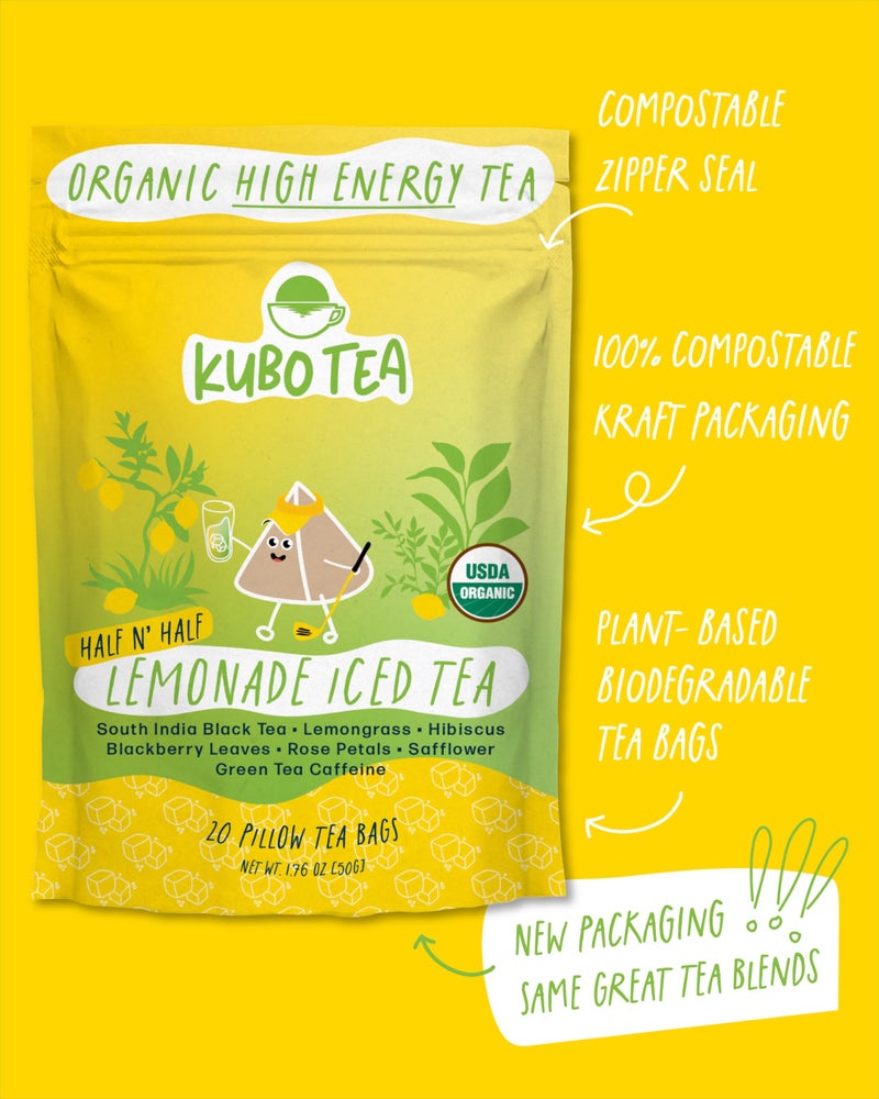 Kubo Tea Organic High Energy Iced Tea - High Caffeine Coffee Substitute with 20 Servings (155mg Caffeine each) - Pillow Tea Bags - Half & Half Lemonade Flavor w/Compostable & Biodegradable Packaging - Image 3